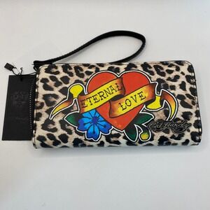 Ed Hardy Eternal Love Leopard Print Wristlet Wallet Women Brown Punk Tattoo NWT
